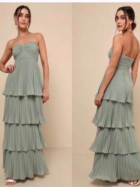 NWOT Lulus Seriously Sensational Sage Brush Strapless Tiered Maxi Dress S